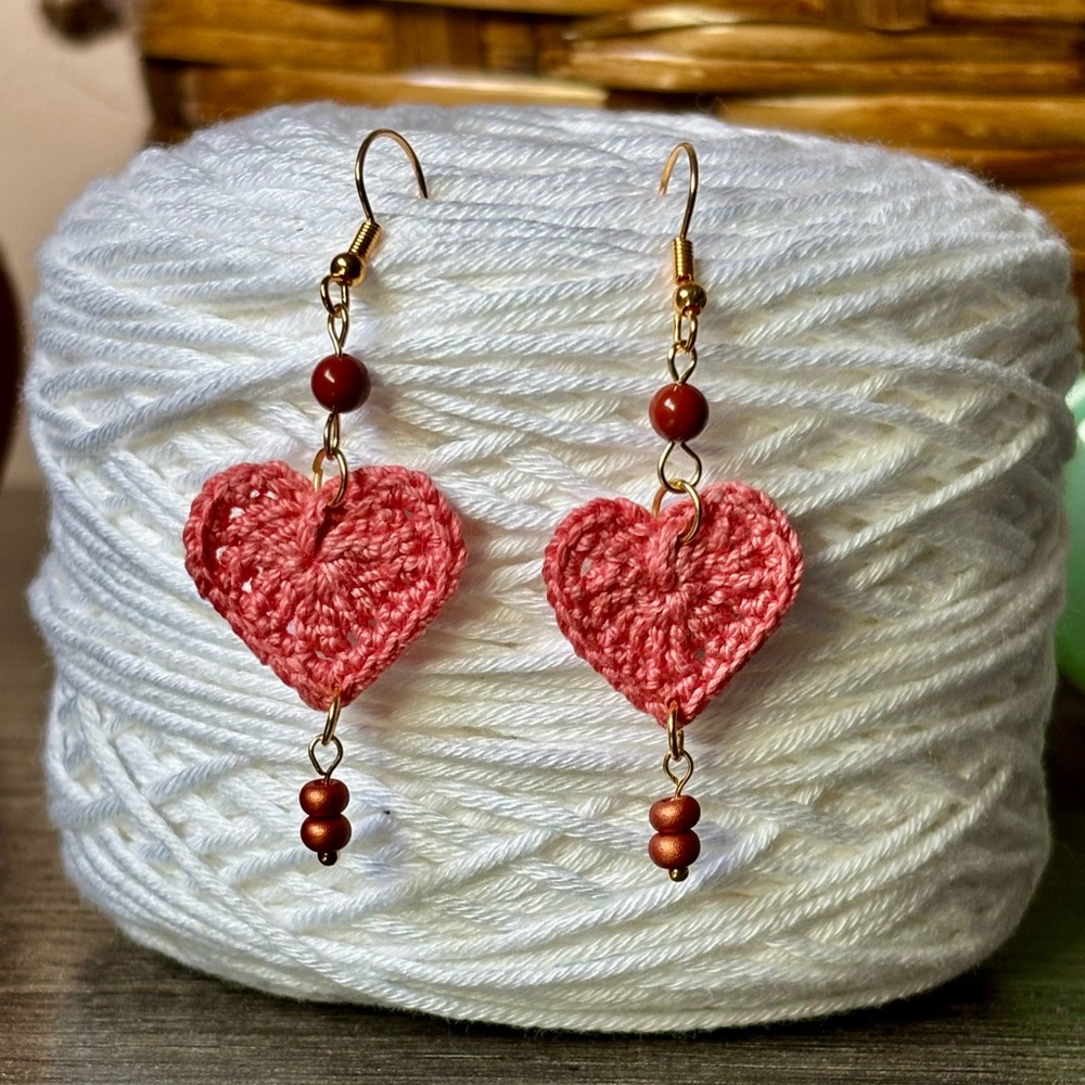 NWOT Handcrafted Coral Crochet Heart Earrings